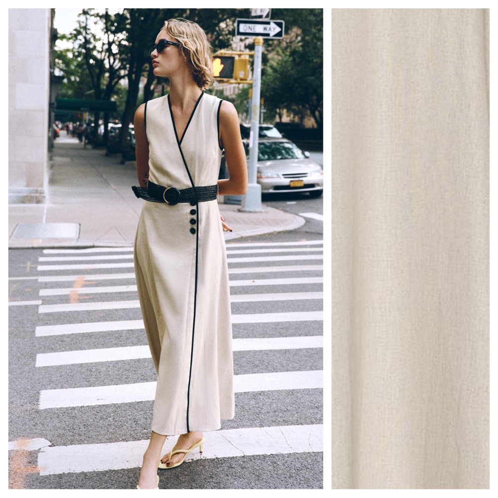 NWT. Zara Light Beige Linen/Viscose Blend Belted Midi Dress. Size M.